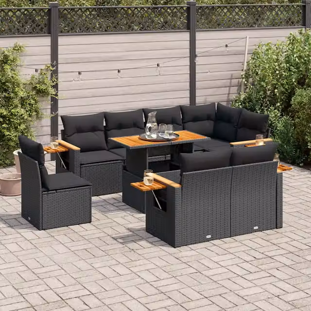Set Divani da Giardino 9 pz con Cuscini Nero Polyrattan Acacia 3327611
