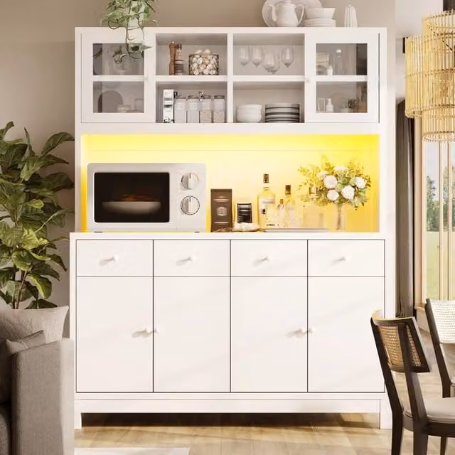 Armadio Buffet Alto REDOM Bianco con Ante in Vetro e Illuminazione LED Integrata L: 140 cm, P: 38,5 cm, H: 180 cm