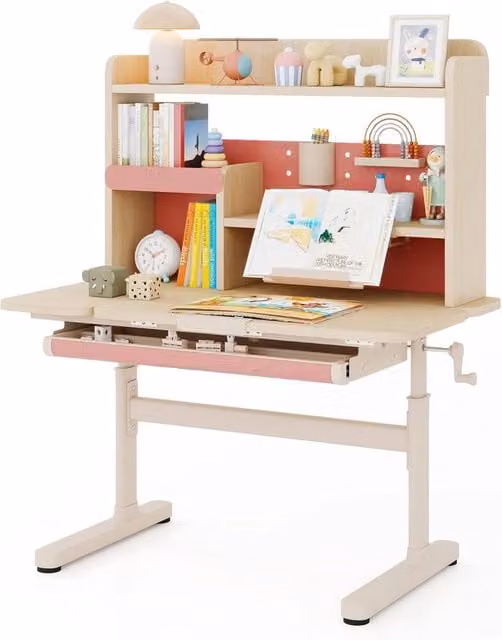 Scrivania per Bambini 3+ Anni, Tavolo da Studio Regolabile in Altezza con Libreria e Cassetto, Piano Inclinabile, Mensole, Leggio e Portapenne, Scrivania per Studiare (Rosa)