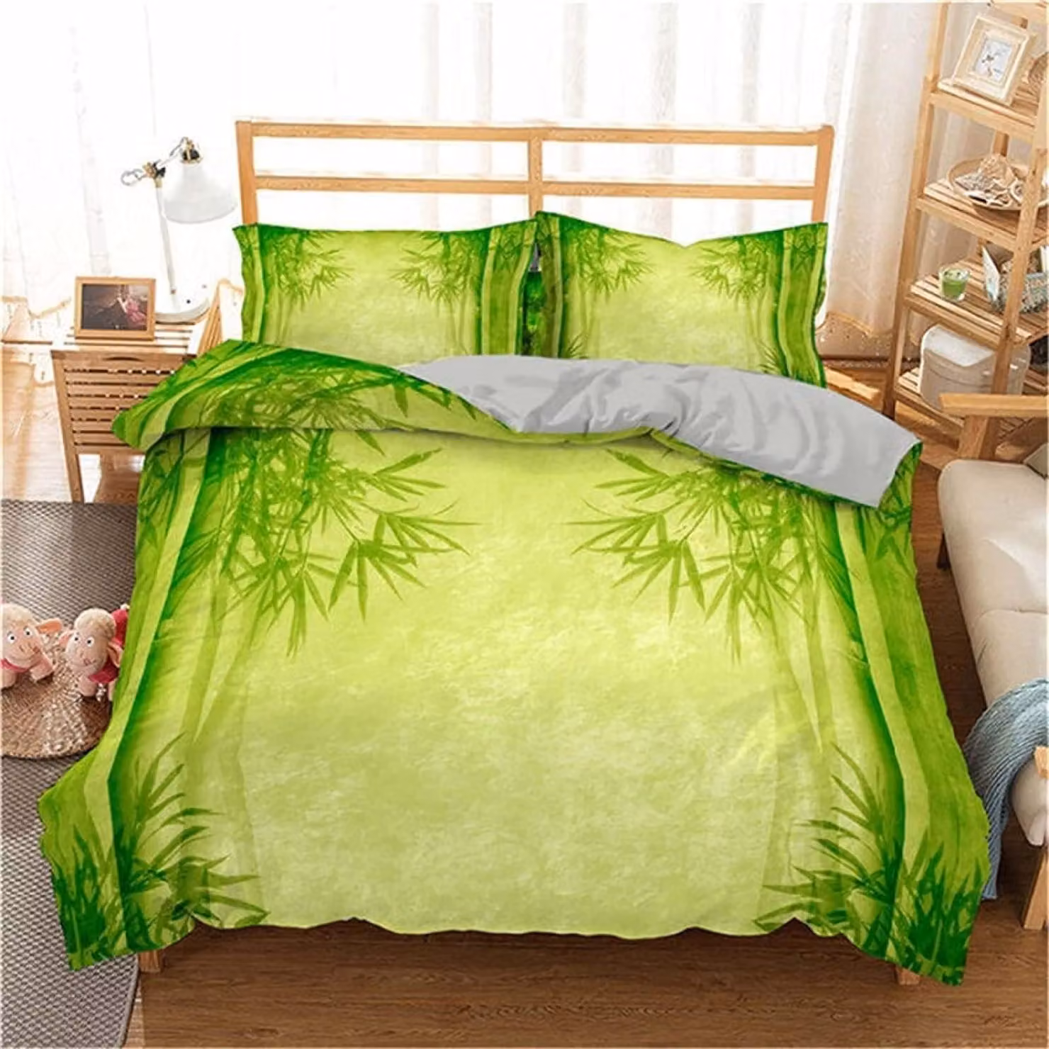 Set di lenzuola per copripiumino matrimoniale con motivo a bambù verde