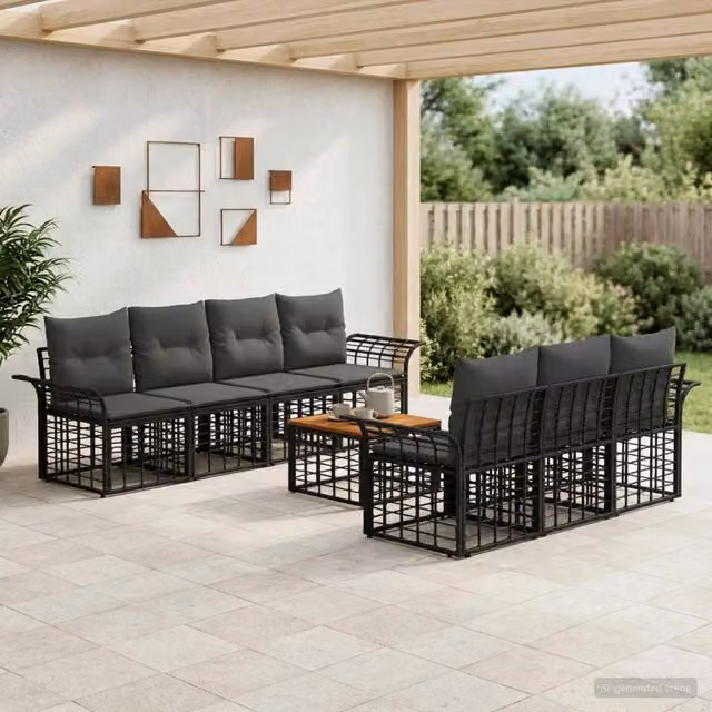 Set di divani da esterno 8 pz Nero e Grigio scuro polyrattan 3437647
