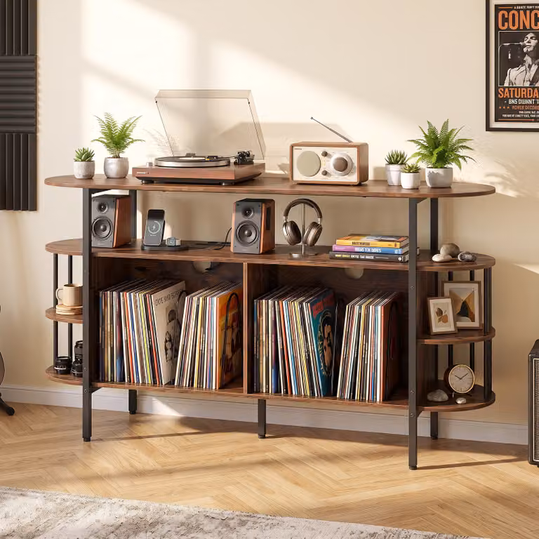 Mobile per giradischi Costway marrone con stazione di ricarica, luce LED integrata e telecomando, 3 livelli, ideale per soggiorno o studio, L: 76 cm, P: 40 cm, H: 140 cm