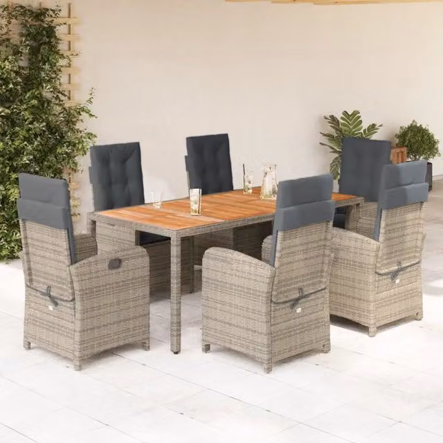Set da Pranzo da Giardino vidaXL in Polyrattan e Legno di Acacia con Piano in Vetro, 7 Pezzi, Grigio e Marrone