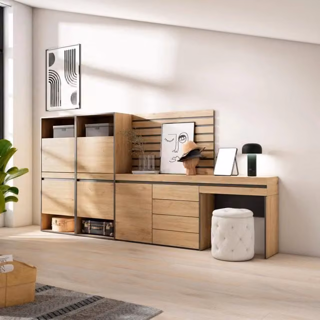 Scarpiera moderna SKRAUT HOME in legno e MDF con ante basculanti e cassetti, colore Rovere, L: 297 cm, P: 35 cm, H: 145 cm – 1