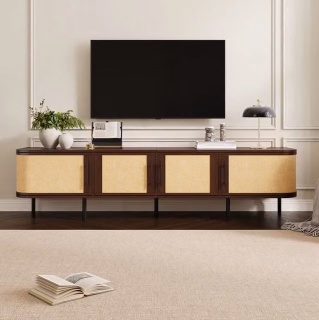 Mobile TV basso in MDF con 4 ante e frontali effetto intrecciato; 180 × 40 × 45 cm; noce