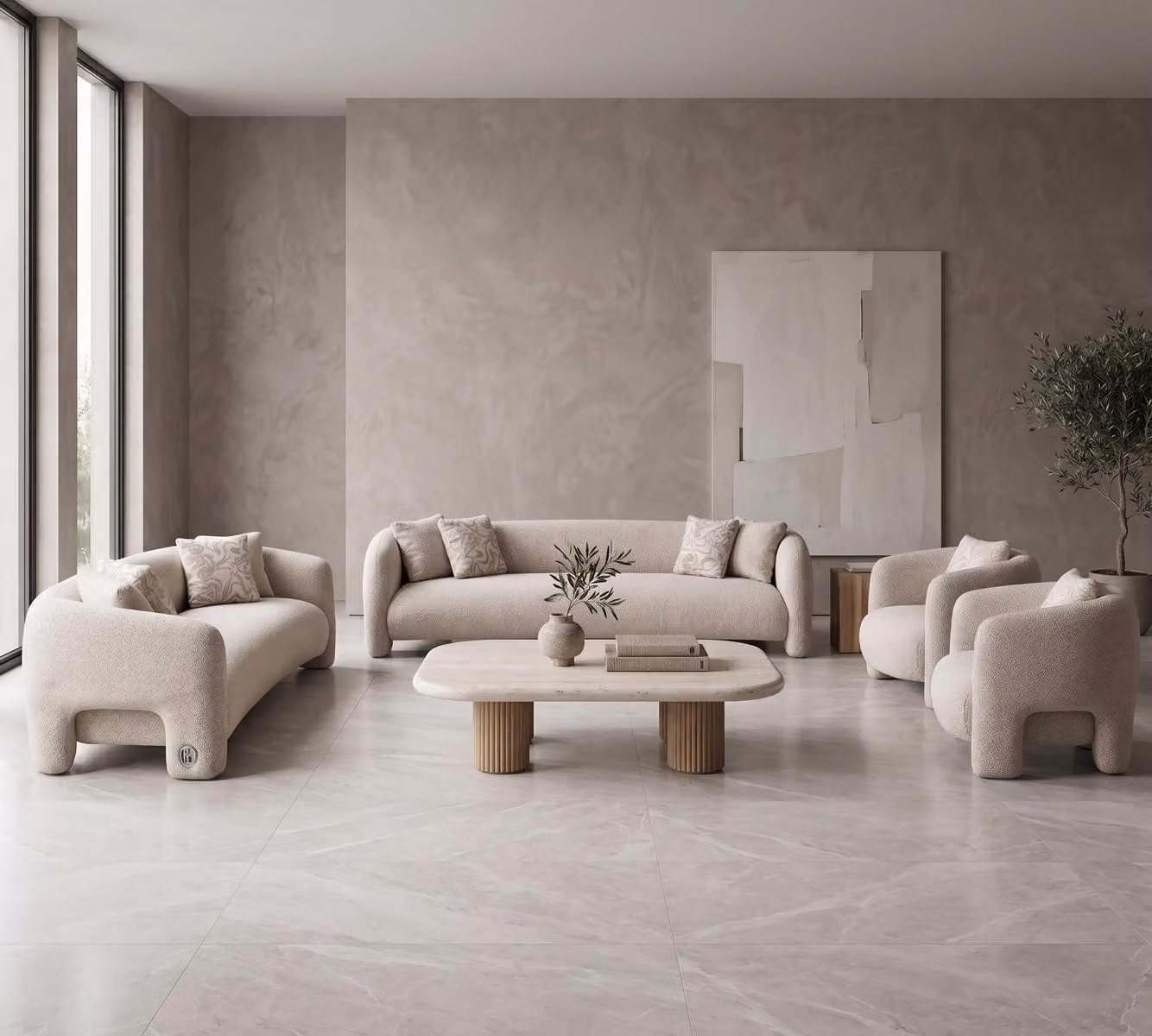 Set di arredamento in tessuto due divani e due poltrone, color crema beige