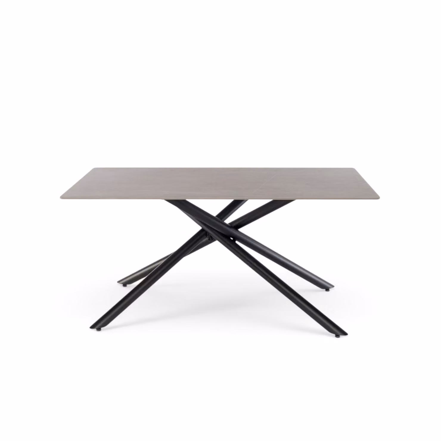 Tavolo MACINAGGIO con piano in ceramica effetto pietra grigio e gambe incrociate in metallo nero, 160x90x76 cm