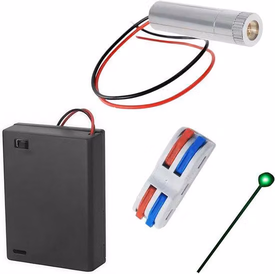 Modulo puntatore laser con diodo verde da 520 nm - lenti in plastica - connettore - supporto batteria - cavi - sorgente luminosa a punto - adatto per progetti - modello nero