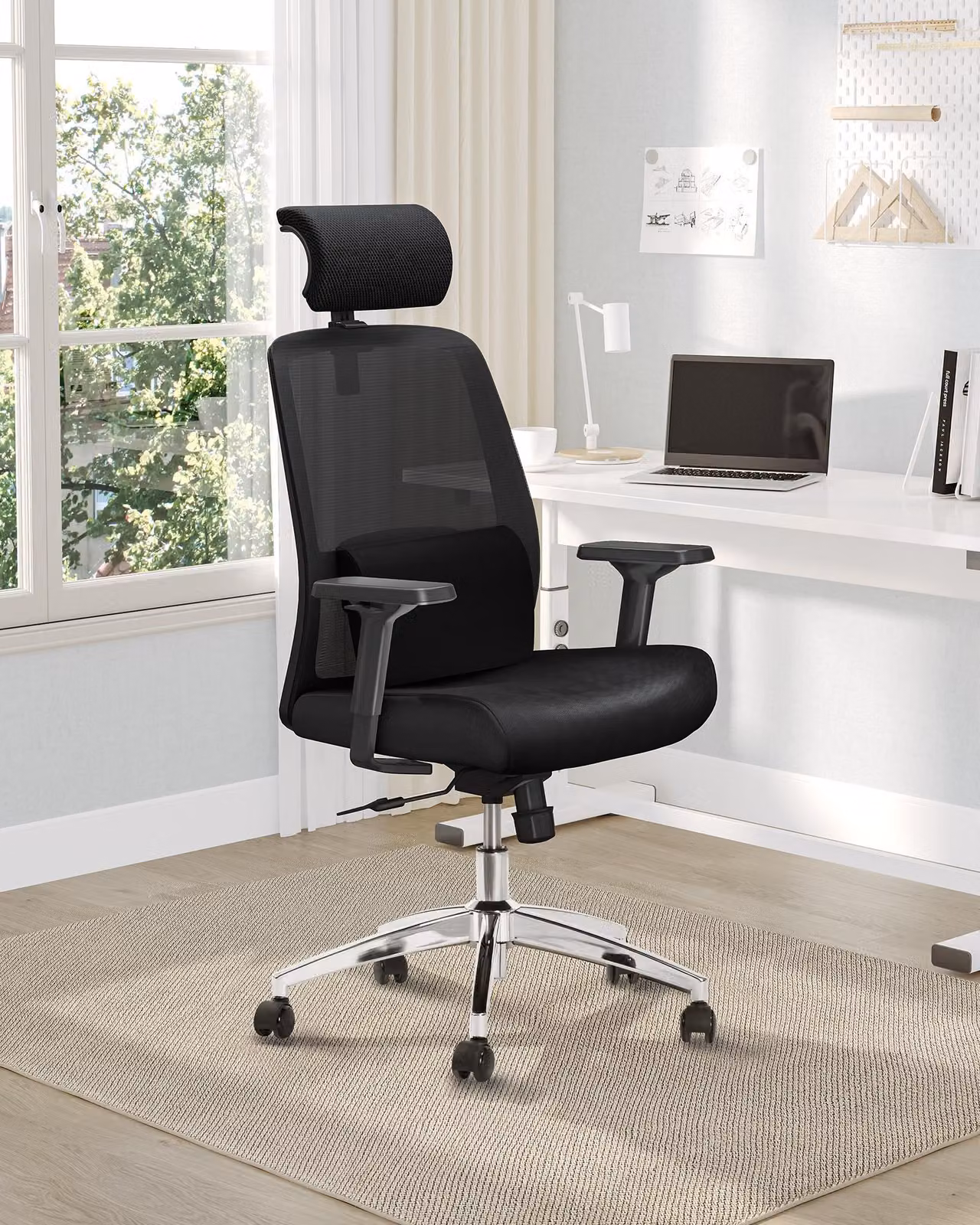 Sedia da ufficio ergonomica - Colore nero, struttura in mesh - Poggiatesta e supporto lombare regolabili