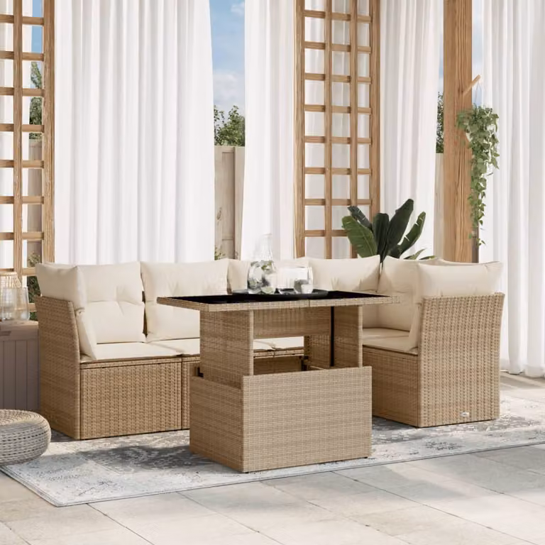 vidaXL Set Divano da Giardino 6 pz a Forma a L con Cuscini Beige e Tavolino in Vetro