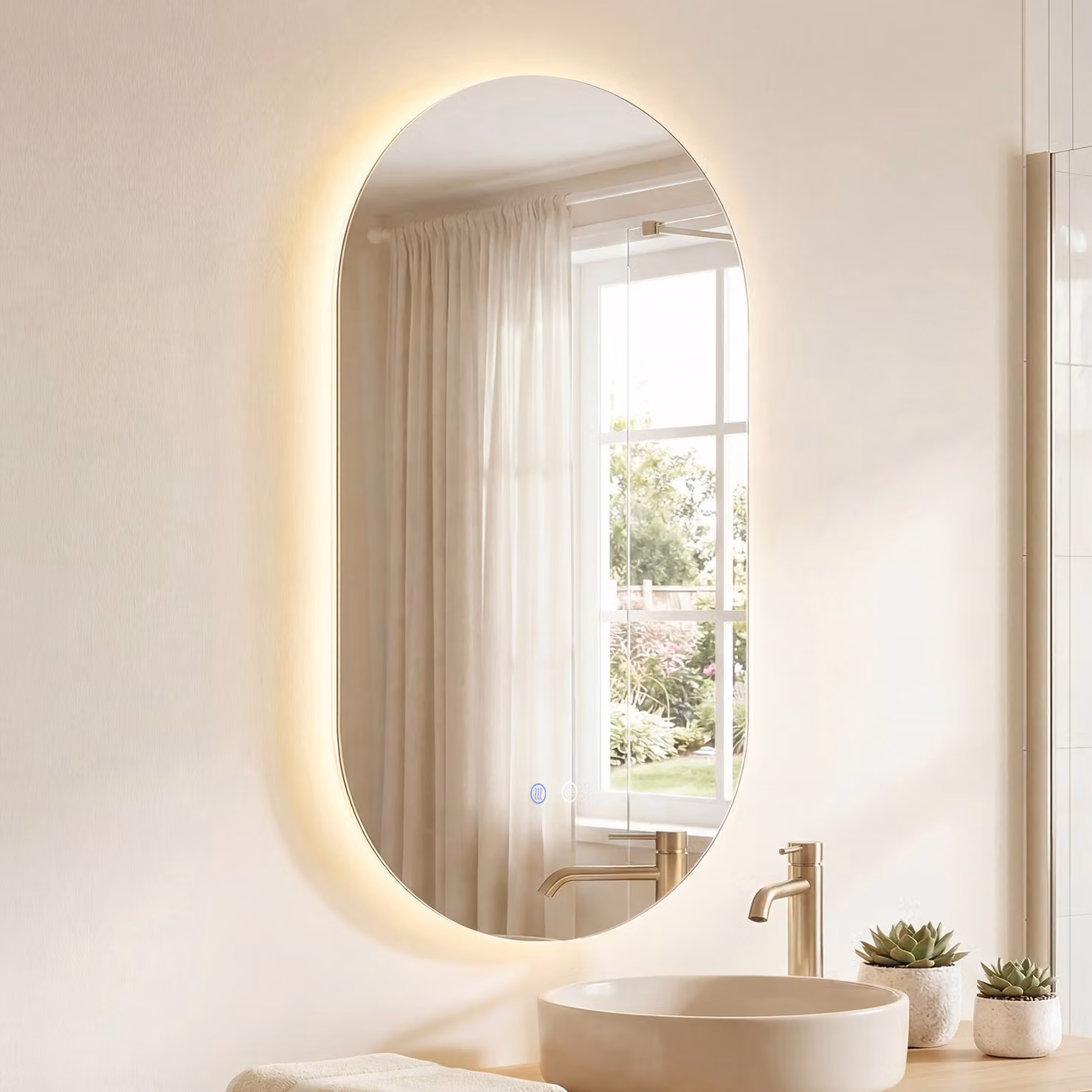 Specchio da bagno a parete Costway bianco con luce LED dimmerabile a 3 colori, antiappannamento e vetro temperato HD, L: 80 cm, H: 50 cm
