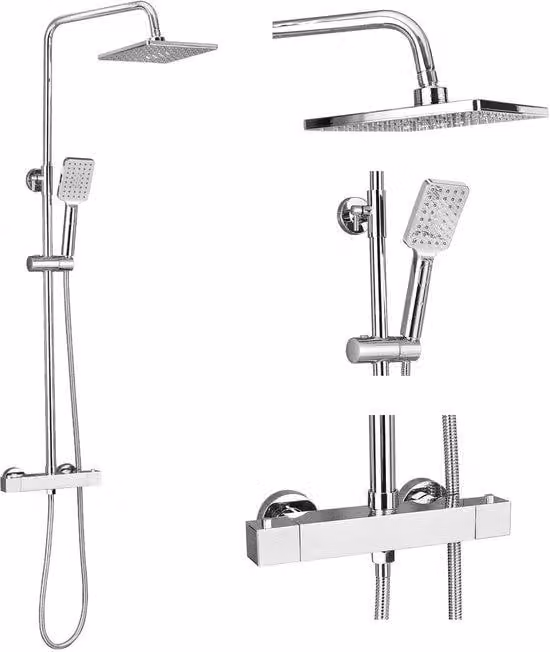 Sistema doccia con termostato Ibenzoa® – Soffione doccia da 21 cm, realizzato in ottone massiccio cromato, doccetta manuale con 3 getti, altezza regolabile da 80 a 117 cm, termostato a 38 °C