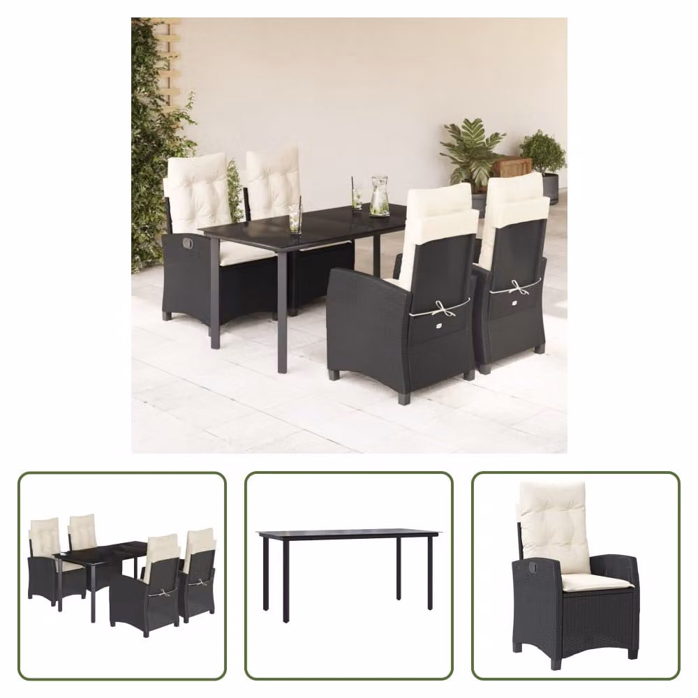 The Living Store Set da pranzo da giardino 5 pezzi con cuscini in poly rattan nero