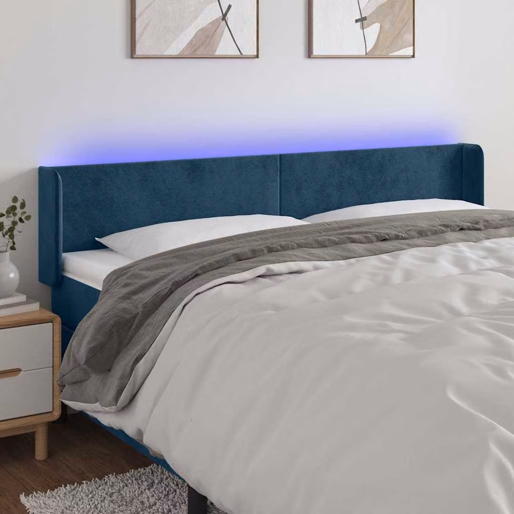Testiera per letto vidaXL in velluto blu scuro con illuminazione LED integrata e porta di ricarica USB, L: 203 cm, P: 16 cm, H: 78-88 cm