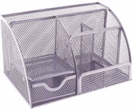 Organizer da scrivania, metallo, a 6 scomparti, argento, con portapenne