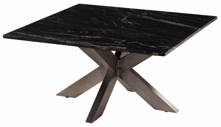 MASSIVMOEBEL24 | Tavolino da salotto in marmo nero - gambe incrociate in ferro colore ottone antico 137x137 BARCELONA #406