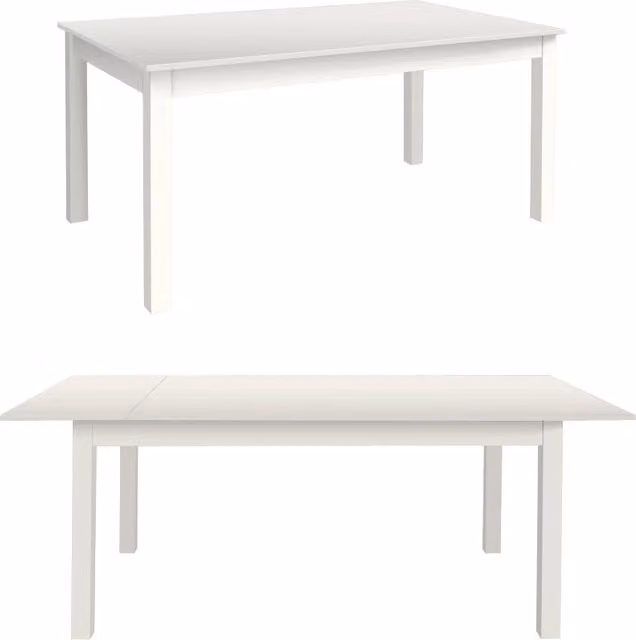 Tavolo da pranzo rettangolare in legno allungabile con apertura a libro, colore bianco e finitura rovere, L: 90-200 cm, P: 160 cm, H: 75 cm