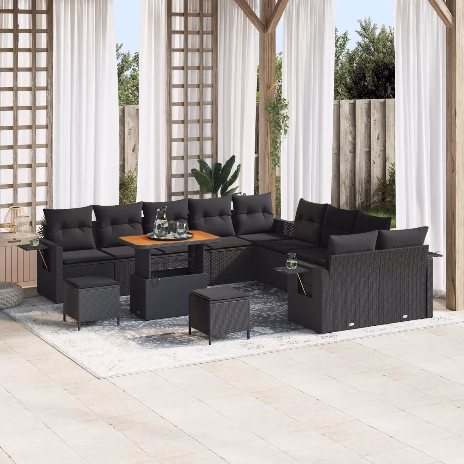 Set Divano da Giardino vidaXL a forma a U composto da 13 pezzi con cuscini, colore nero e struttura in metallo e rattan – 1