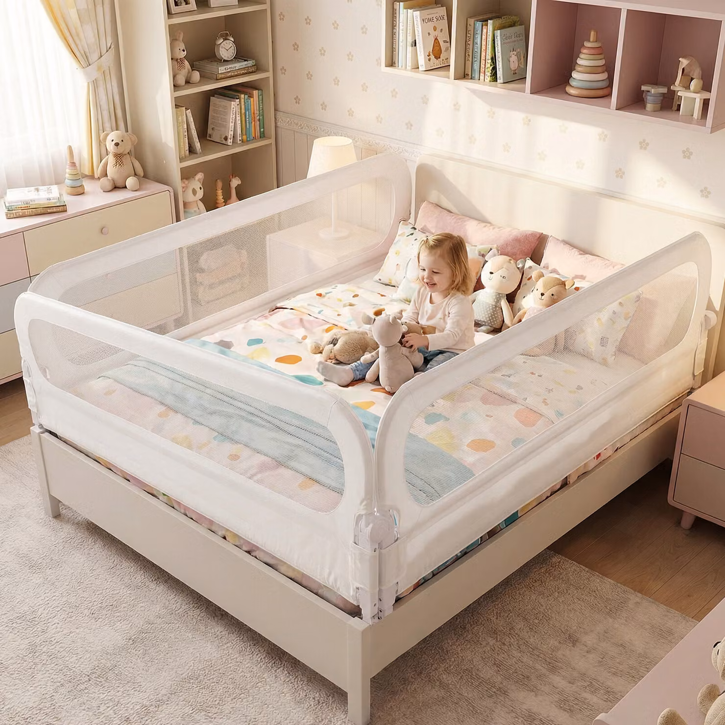 Set di 2 sbarre protettive regolabili pieghevoli Costway, colore bianco, lunghezze 198 cm e 178 cm