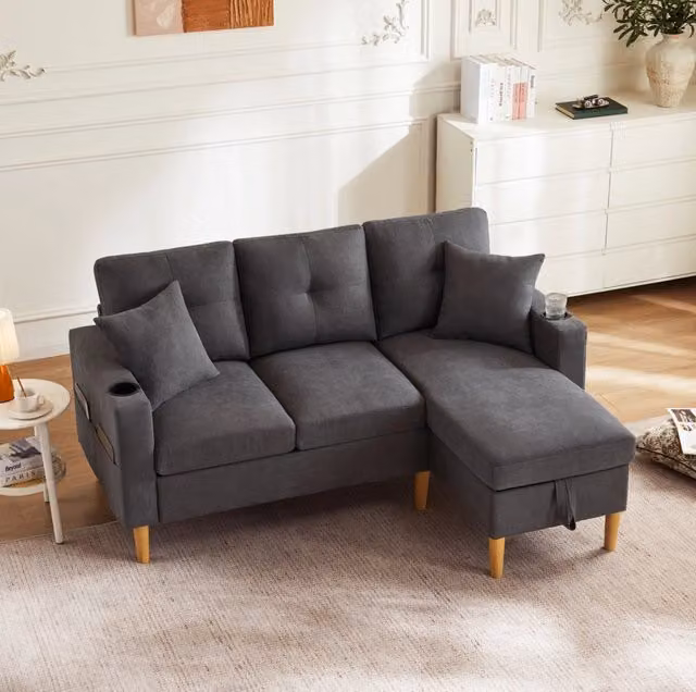 Divano 175x129x90 cm con chaise longue reversibile; contenitore e portabicchieri in cotone e lino grigio scuro