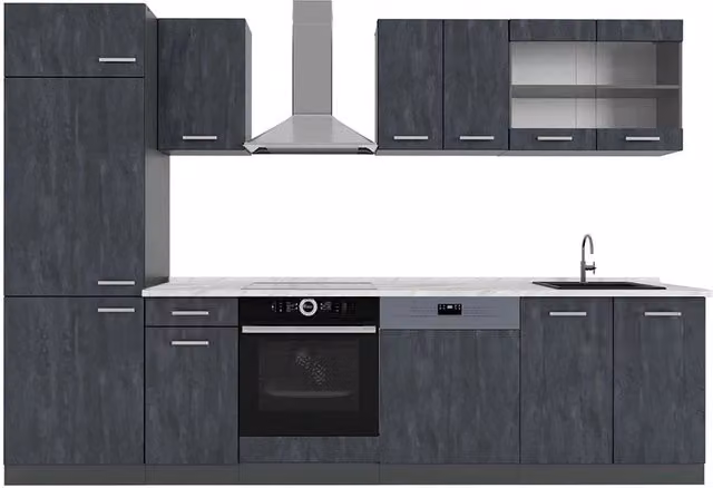 Cucina componibile moderna Vicco R-Line Calce nera e Antracite con piano effetto Marmo, L: 300 cm