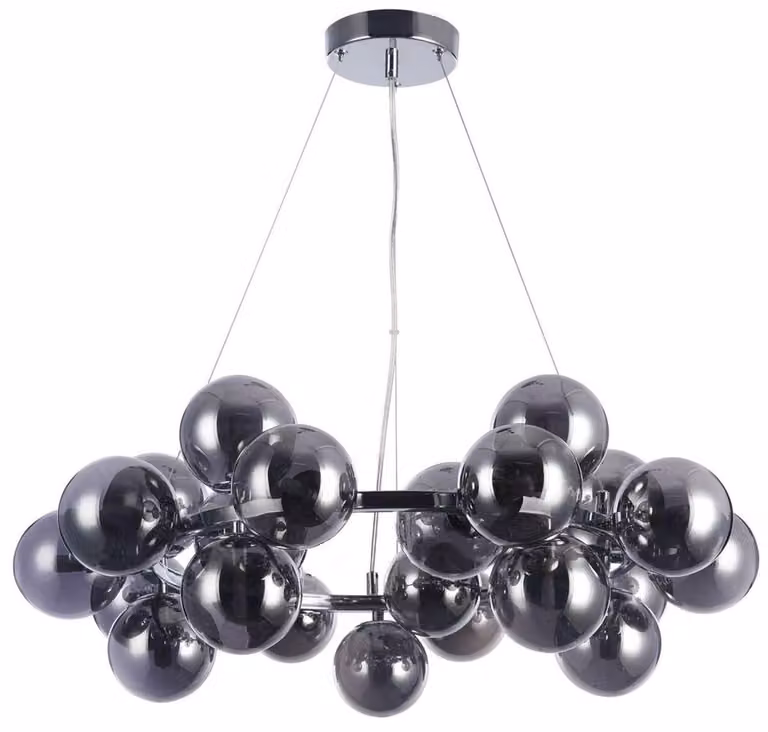 Lampada a sospensione Casa Padrino, design lussuoso, rotonda, argento/nero, diametro 69 cm, altezza 23,8 cm. Lampada da soffitto moderna con 25 paralumi sferici in vetro