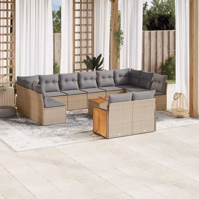Set Divano da Giardino a Forma di U VIDAXL in Polyrattan con Cuscini Beige e Grigio, 13 Pezzi