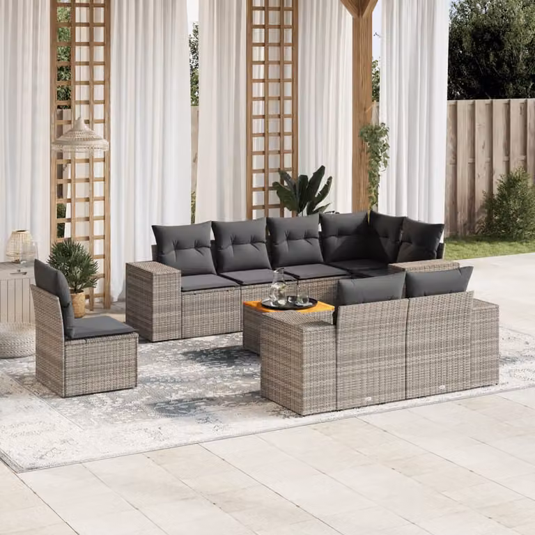 vidaXL Set Divano da Giardino 9 pz a Forma di L in Polyrattan Grigio con Cuscini e Tavolino
