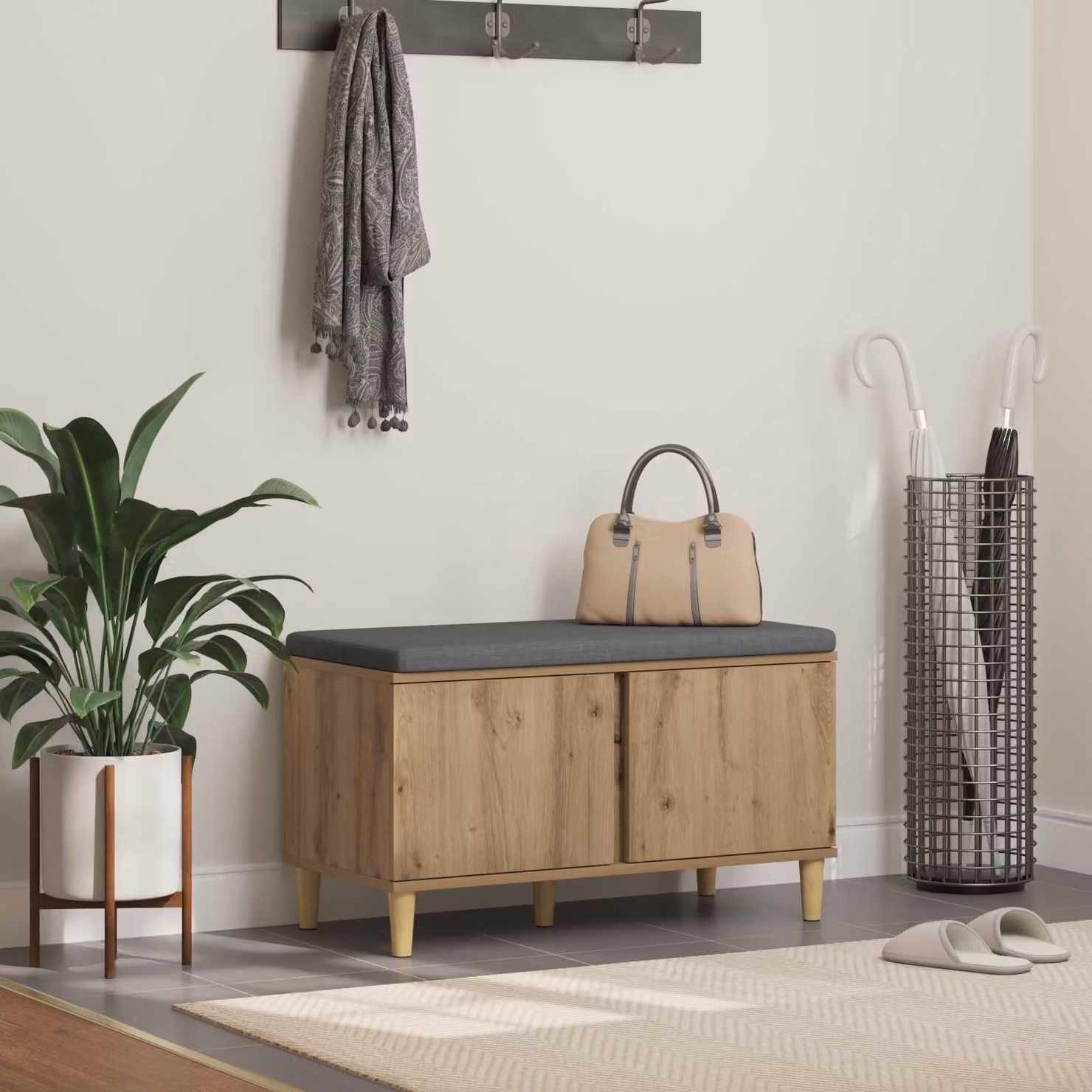 Panca per scarpe con cuscino vidaXL in legno rovere, marrone e grigio, L 80 x P 38 x H 46 cm