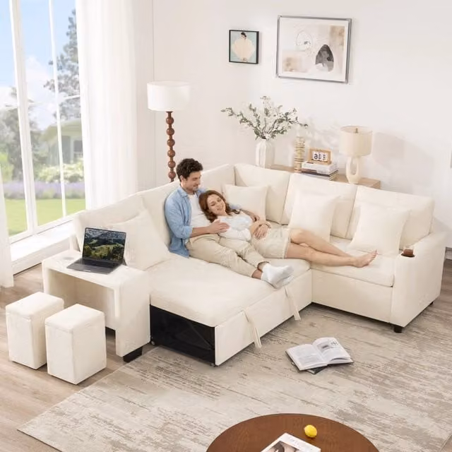 Divano ad angolo convertibile 220 x 205 x 86;5 cm; letto; contenitore; portabicchieri; USB e USB-C; braccioli ampi; cuscini inclusi; beige