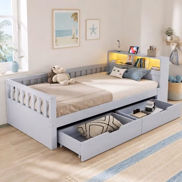 Letto singolo multifunzione 90 × 200 cm con cassetti LED prese USB tipo C in legno grigio con rete a doghe e barriere