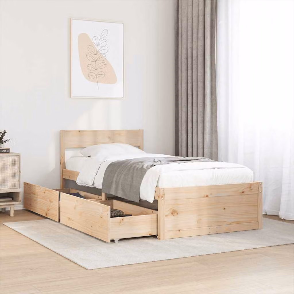 Letto singolo vidaXL in legno massello di pino color marrone con cassetti, stile rustico, L 80 x P 190 cm