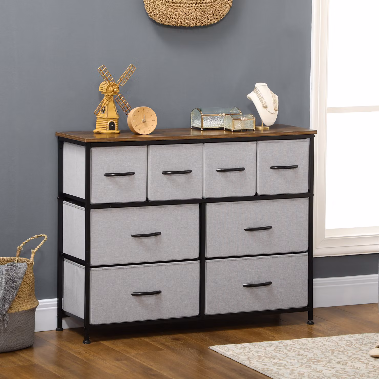 Cassettiera HOMCOM con 8 cassetti in tessuto e struttura in acciaio nero e grigio, mobile da archiviazione pieghevole, L 100 x P 30 x H 78 cm – 2
