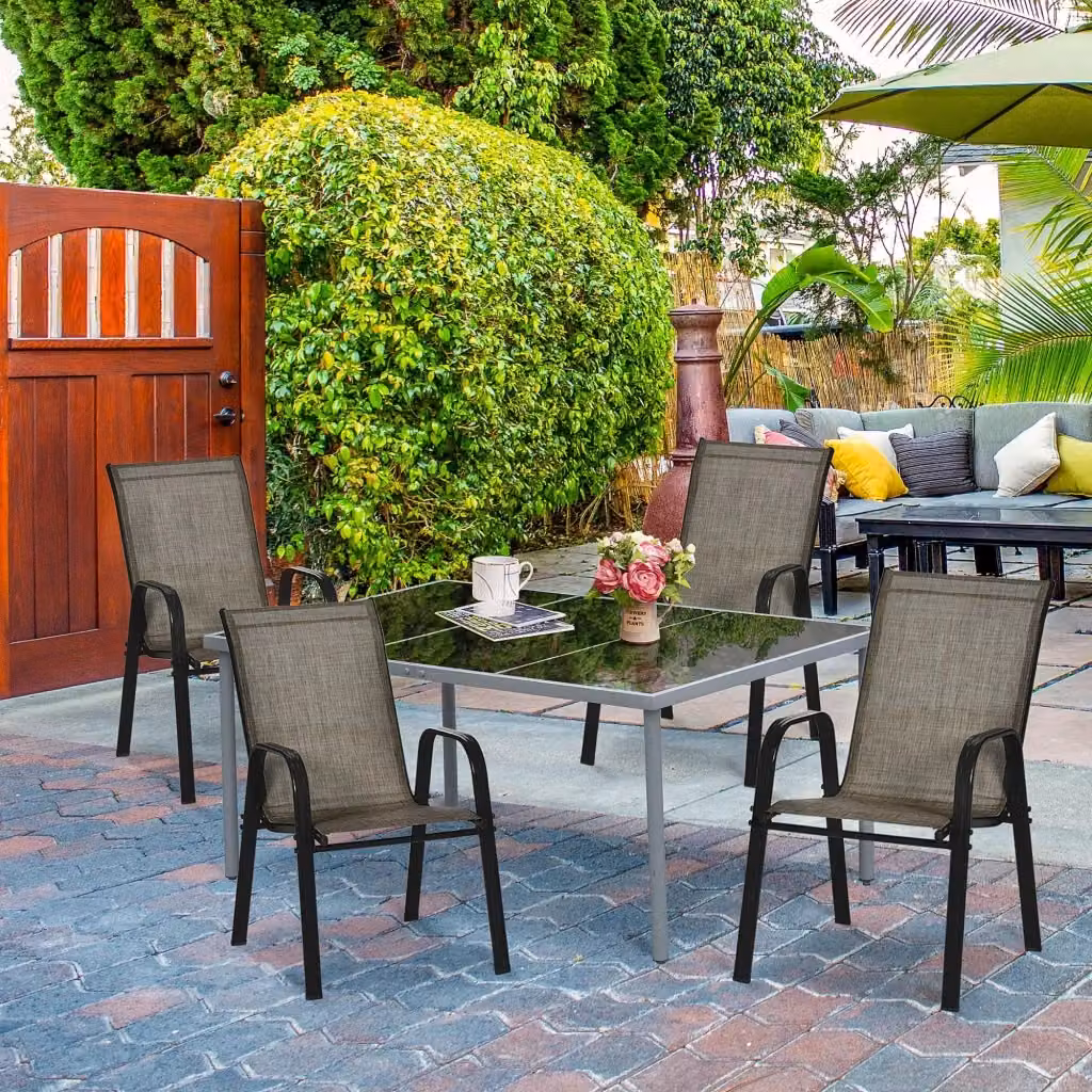 Set di 4 sedie da giardino impilabili GIORDANOSHOP in acciaio verniciato e tessuto textilene marrone con braccioli – 2