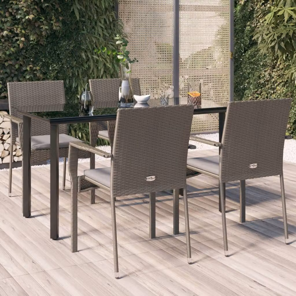 Set da pranzo da giardino vidaXL in polyrattan con tavolo in vetro e 5 sedie, Nero e Grigio, L/P/H: 140 x 70 x 74 cm