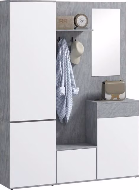 Mobile Ingresso con Specchio, Ganci e Ripiani ¨C Zephmum ¨C Grigio e Bianco, Legno, 145x29x184 cm