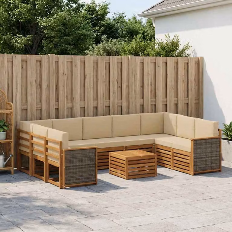 Set di divani da esterno vidaXL 10 pezzi in legno di acacia con cuscini e tavolino da giardino, forma a L, colore beige e marrone