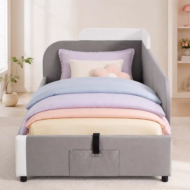 Letto singolo imbottito con sistema idraulico e contenitore, barriera morbida rialzata, tessuto vellutato e compensato grigio, 90x200 cm