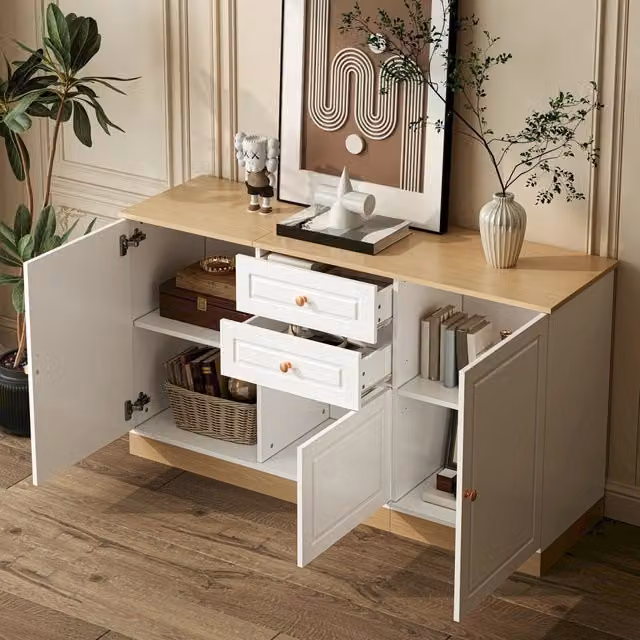Credenza e madia per soggiorno con 3 ante, 2 cassetti e ripiani regolabili, bianco e legno, L: 135,5 cm, P: 39 cm, H: 76 cm