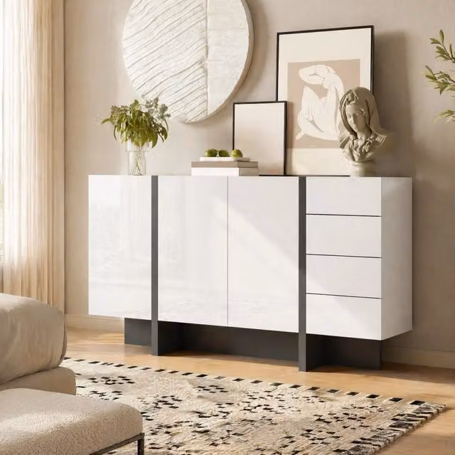 Credenza moderna bianca e nera lucida con 2 ante e 4 cassetti L: 150 cm, H: 80,5 cm, P: 40 cm