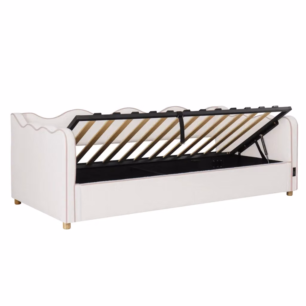 Letto imbottito con contenitore idraulico Minimal beige in tessuto bouclé con porta USB e schienale L/P/H: 90 x 200 x 102,5 cm – 2