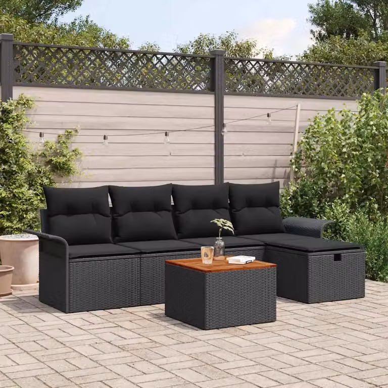 Set Divano da Giardino vidaXL 6 Pezzi a Forma di L in Poly Rattan Nero con Cuscini e Tavolino da Esterno
