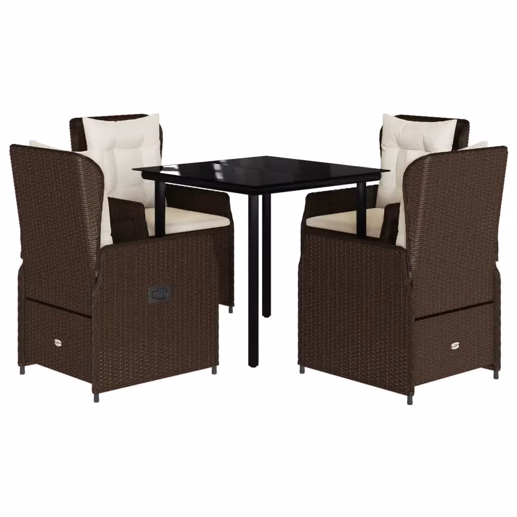 Set da Pranzo da Giardino 5pz vidaXL in Polyrattan Marrone con Piano in Vetro e Cuscini – 2