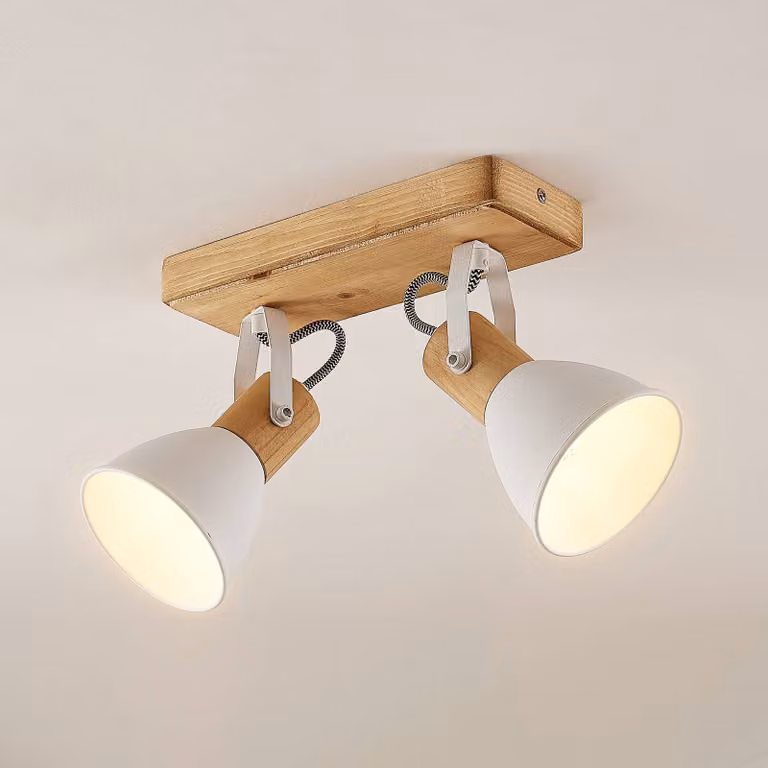 Lindby faretto da soffitto Merela, bianco, 28 cm, a 2 luci, legno, E14 Merela Lindby, dimmerabile, Legno chiaro, Soggiorno / Sala da pranzo, Legno, Scandinavo, Faretto