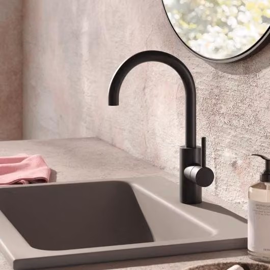 Herzbach DEEP BLACK Miscelatore monoforo per lavabo, misura L, maniglia laterale, senza scarico, nero opaco