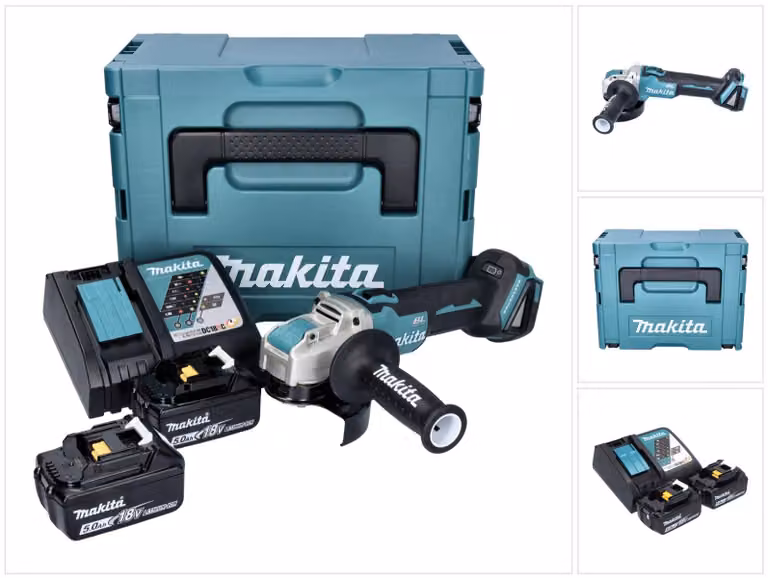 Makita DGA 521 RTX1J Smerigliatrice angolare a batteria 18 V 125 mm X-LOCK Brushless + 2x batteria ricaricabile 5,0 Ah + caricabatterie + Makpac