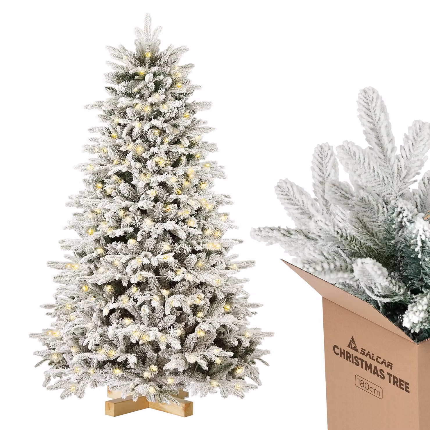 Salcar 180 cm albero di Natale artificiale con illuminazione fiocchi di neve bianchi, albero di Natale a LED con neve e supporto per albero in vero legno