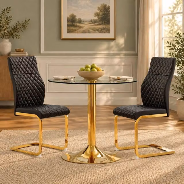 Set tavolo da pranzo rotondo Mivray con 2 sedie in vetro temperato e metallo, colori nero, oro e trasparente, Ø 85 cm