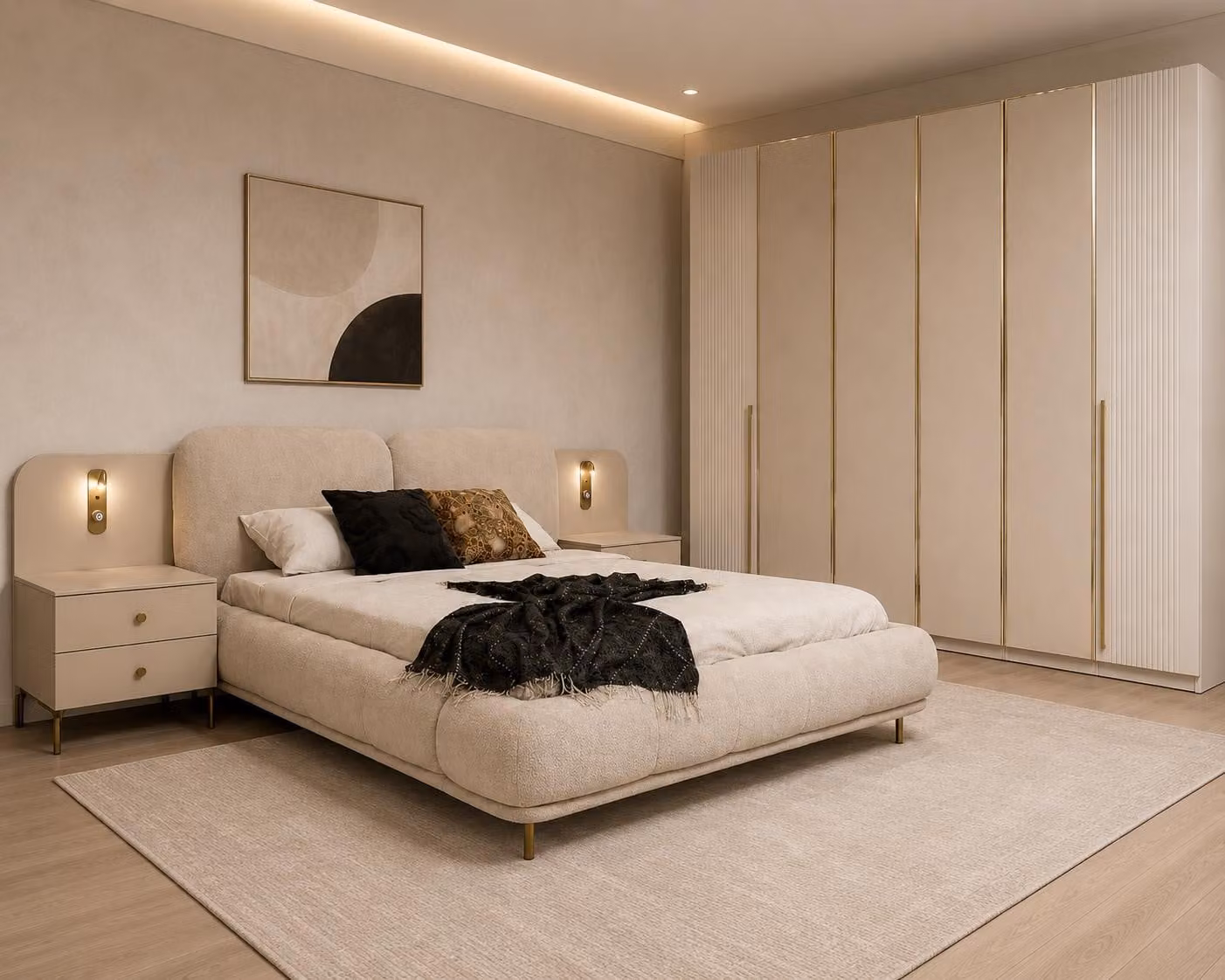 Set per camera da letto: letto, armadio, design moderno, beige, lussuoso, elegante