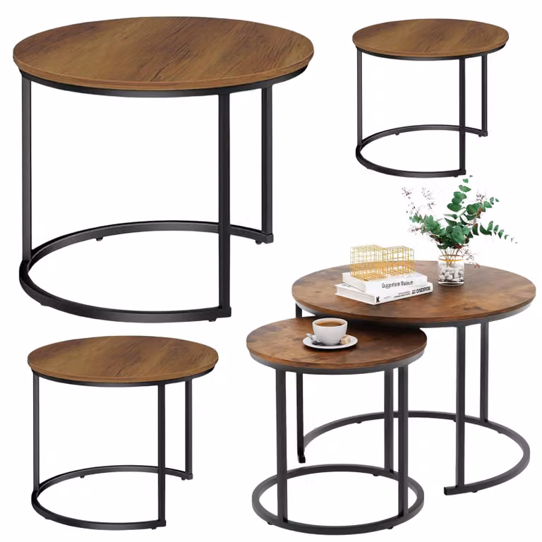 Set di tavolini da caffè rotondi 3 in 1 vintage in legno naturale 51 cm 40 cm 30 cm